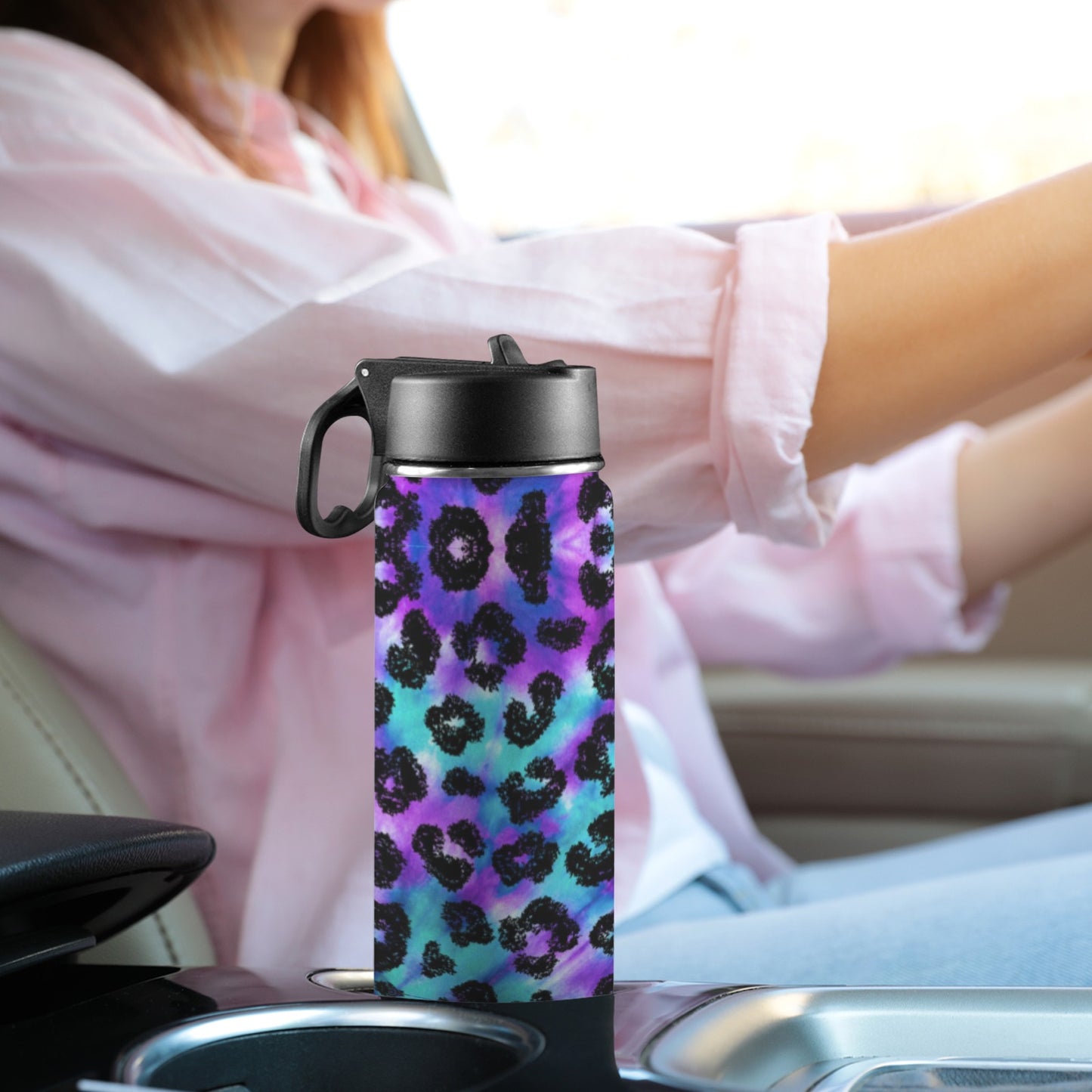 Purplish Leopard Insulated Water Bottle with Straw Lid (18oz)