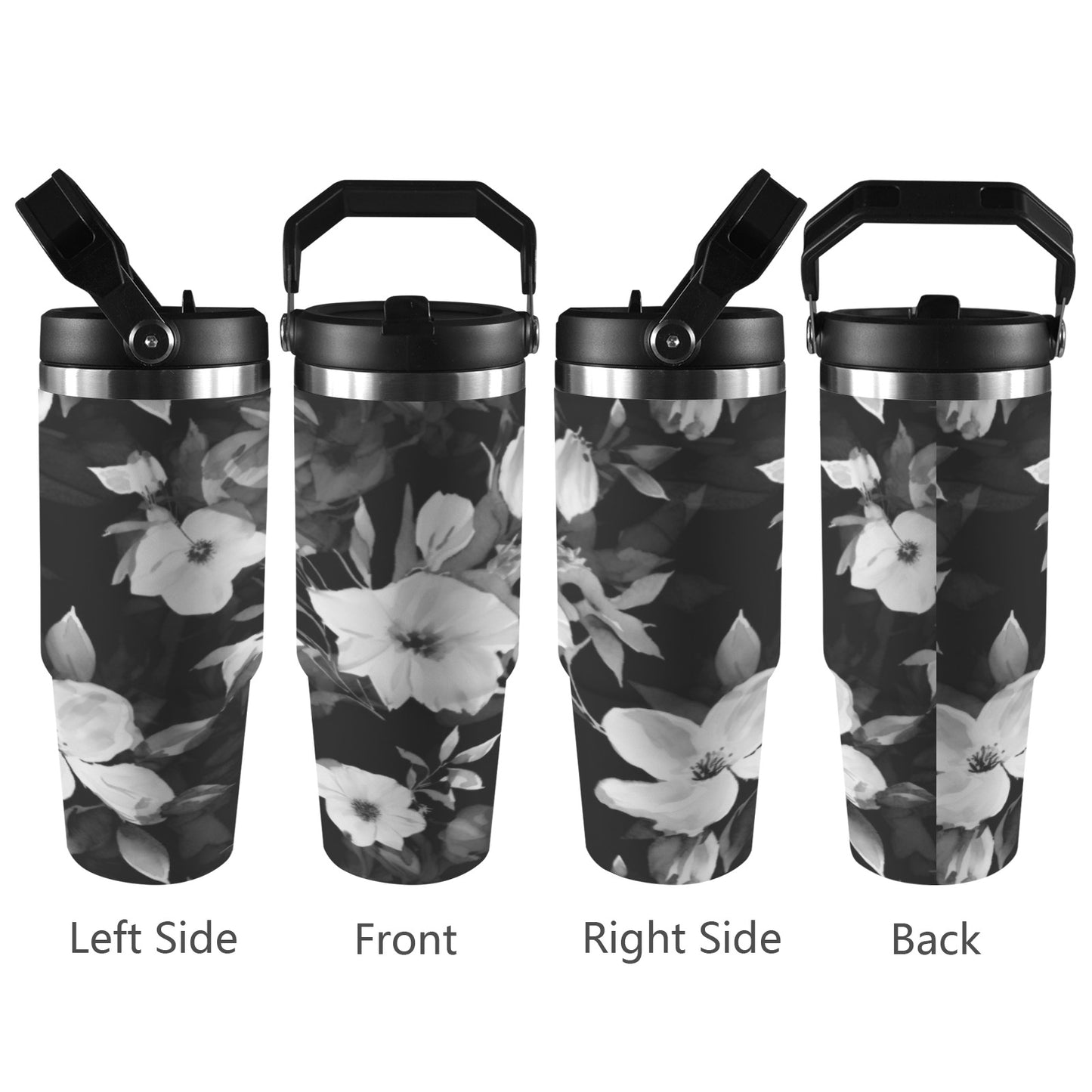 Black and White Flowers 30oz Tumbler with Top Handle