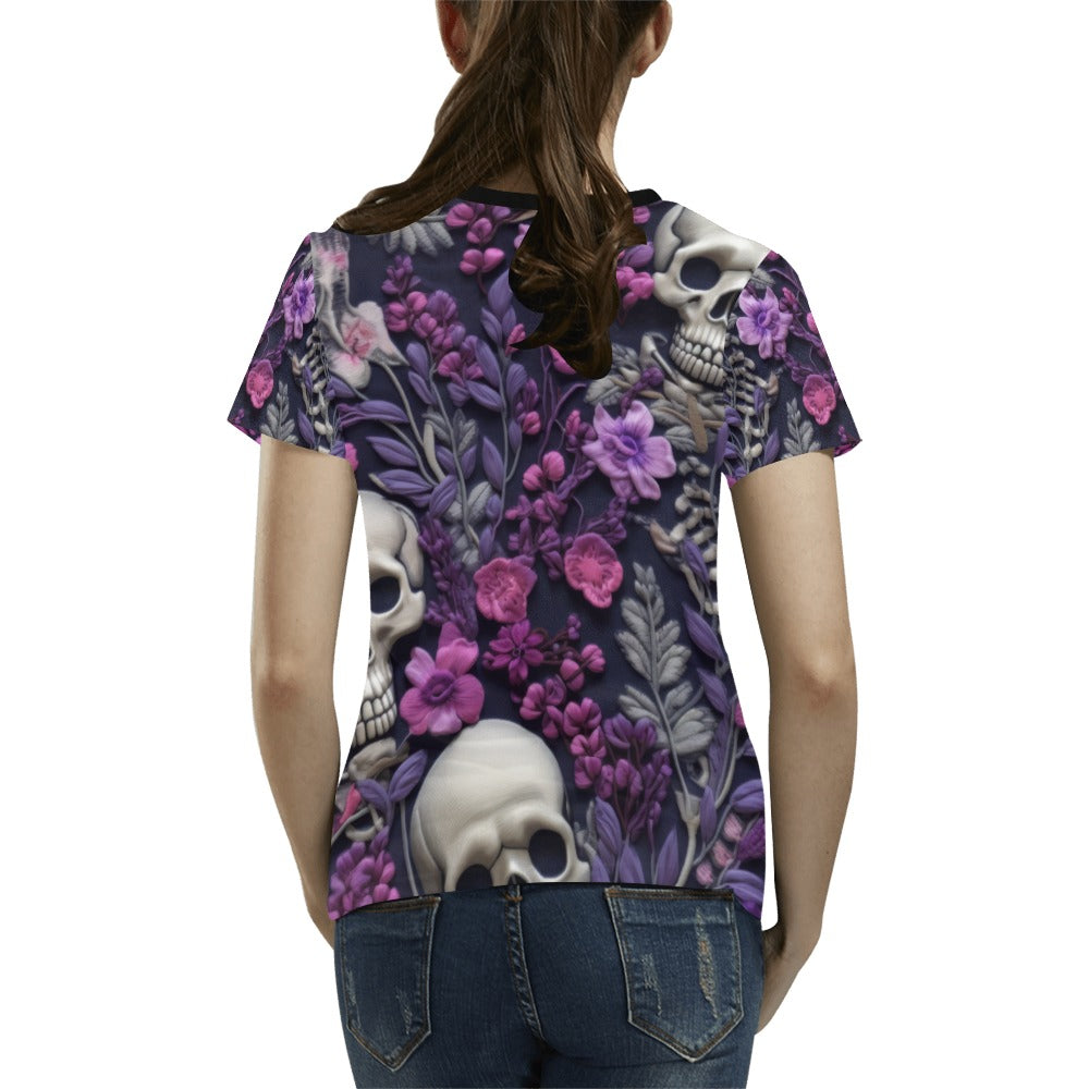 Skeletons w/ Purple Flowers T-Shirt for Women (USA Size) (Model T40)