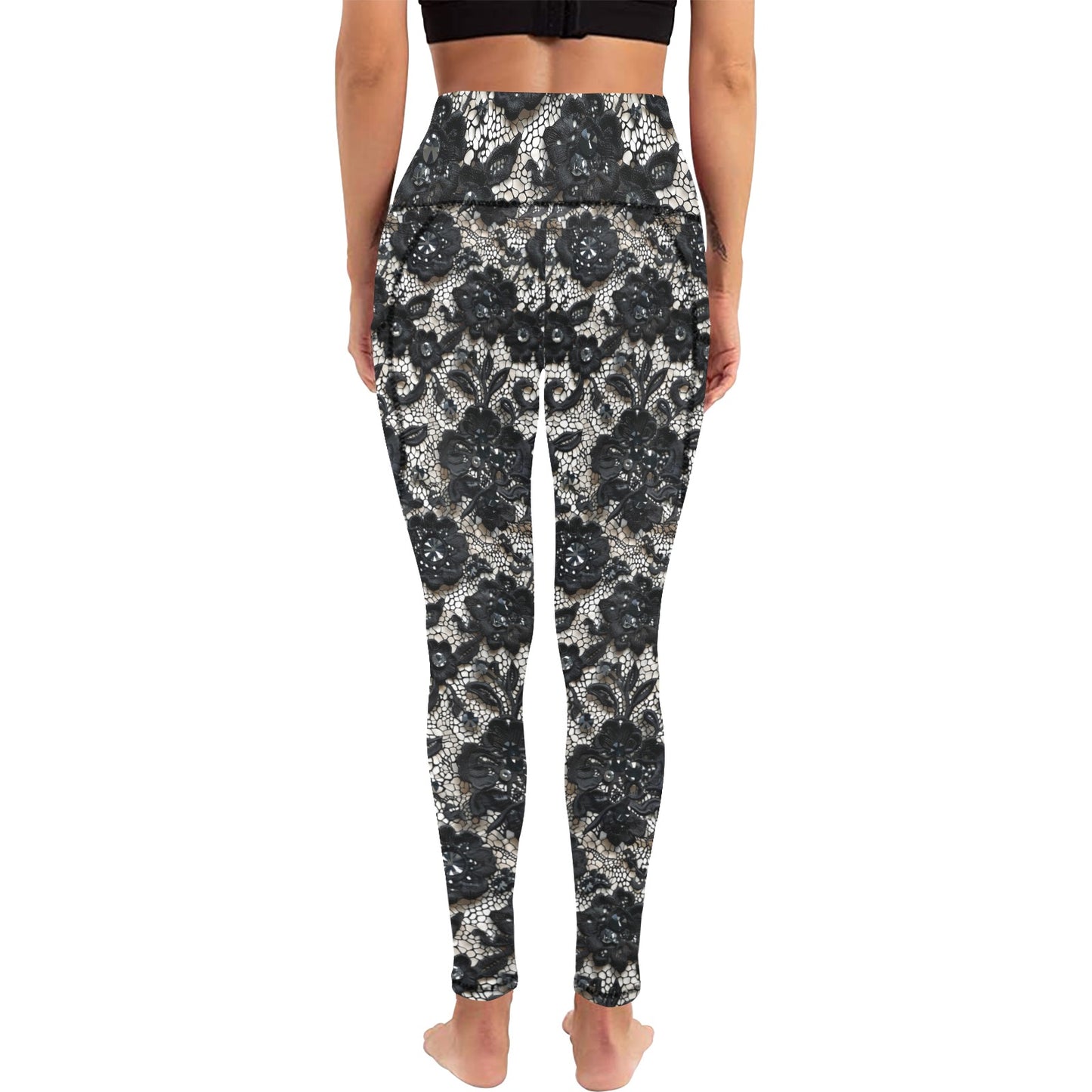 Black Lace Women's  Leggings with Pockets