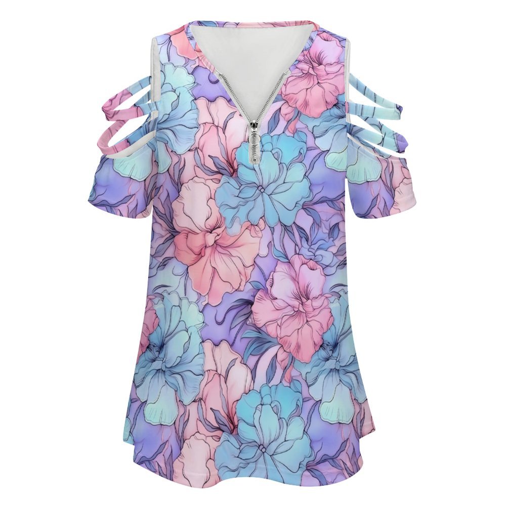 Pastel Flowers Off Shoulder Zip V-Neck Tunic