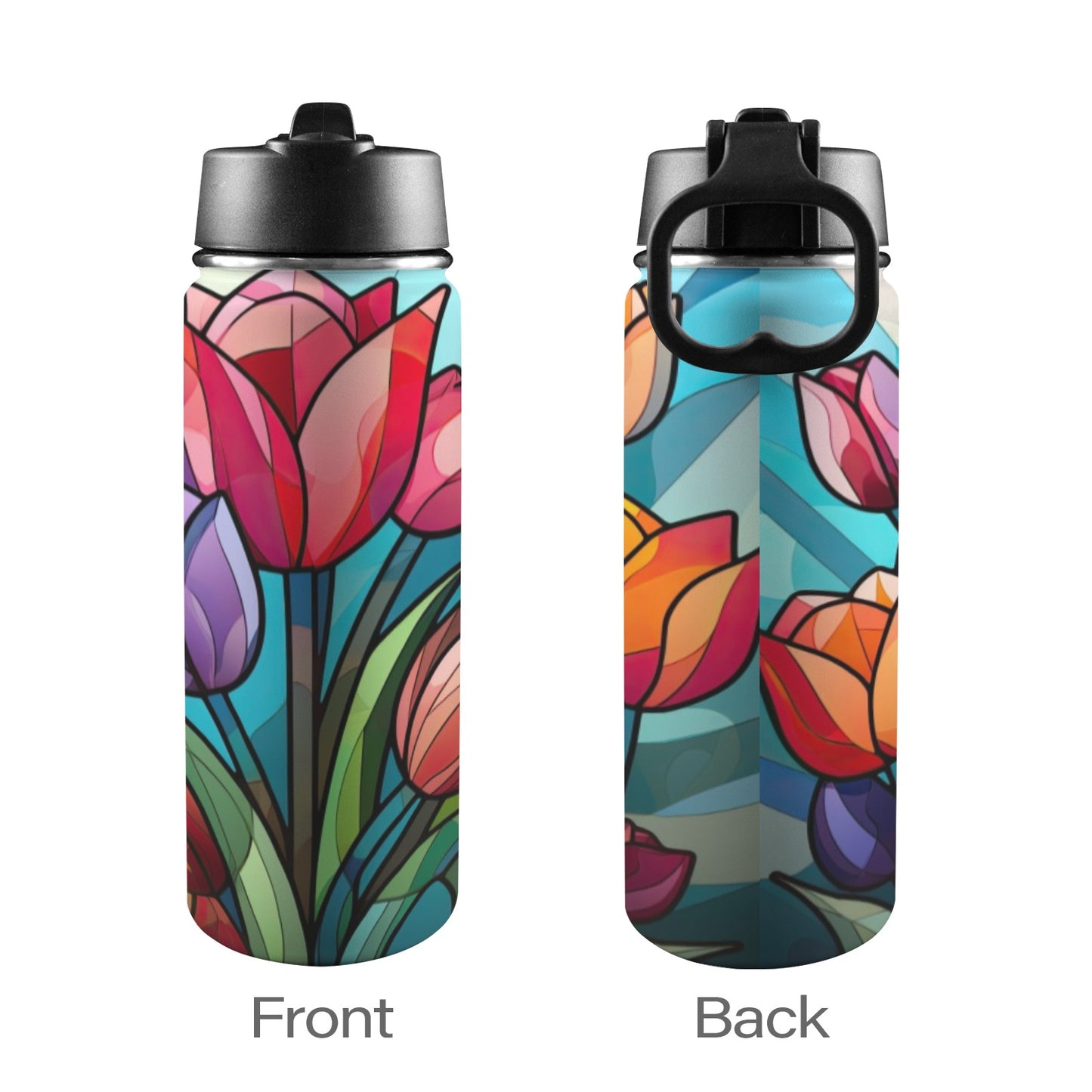 Stained Glass Flowers 4 Insulated Water Bottle with Straw Lid (18oz)