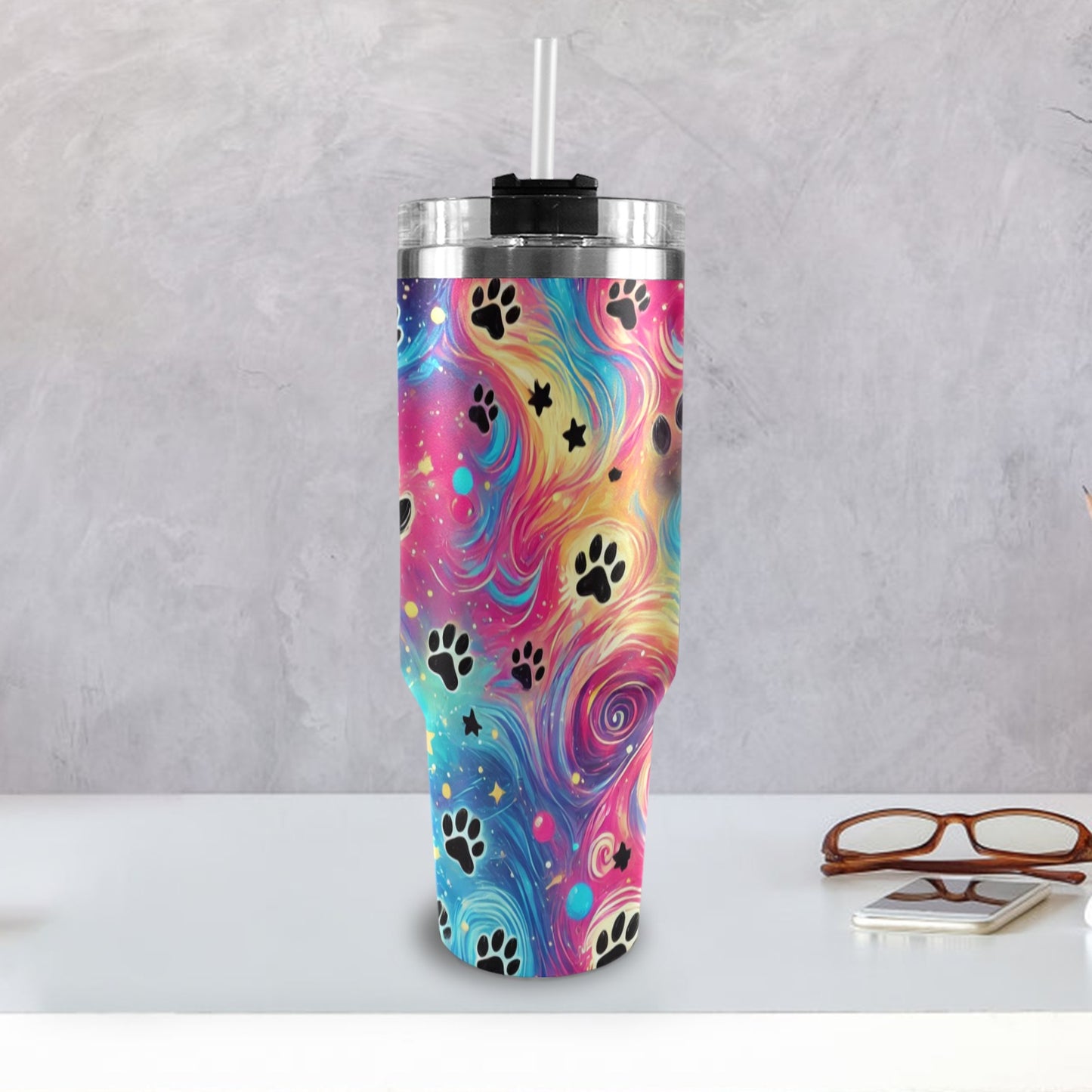 Rainbow Paws 40oz Tumbler with Black Handle