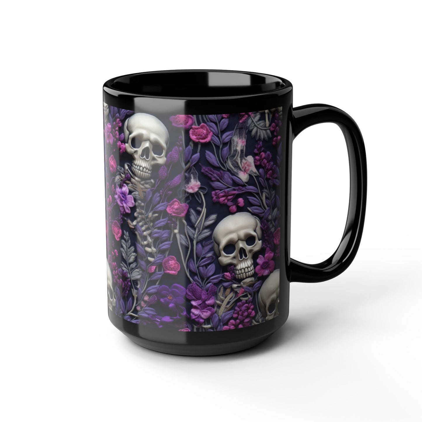 Skeletons w/ Purple Flowers Black Mug (15oz)