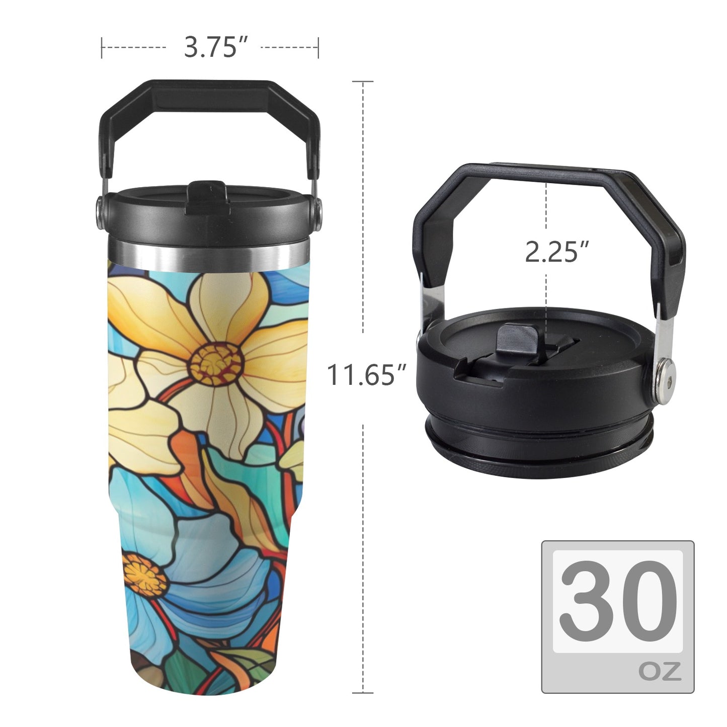 Stained Glass Flowers 3 30oz Tumbler with Top Handle