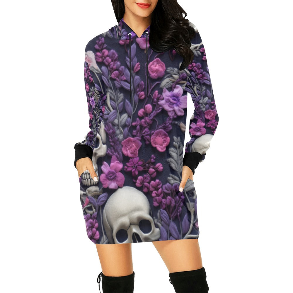 Skeletons w/ Purple Flowers Hoodie Mini Dress (Model H27)