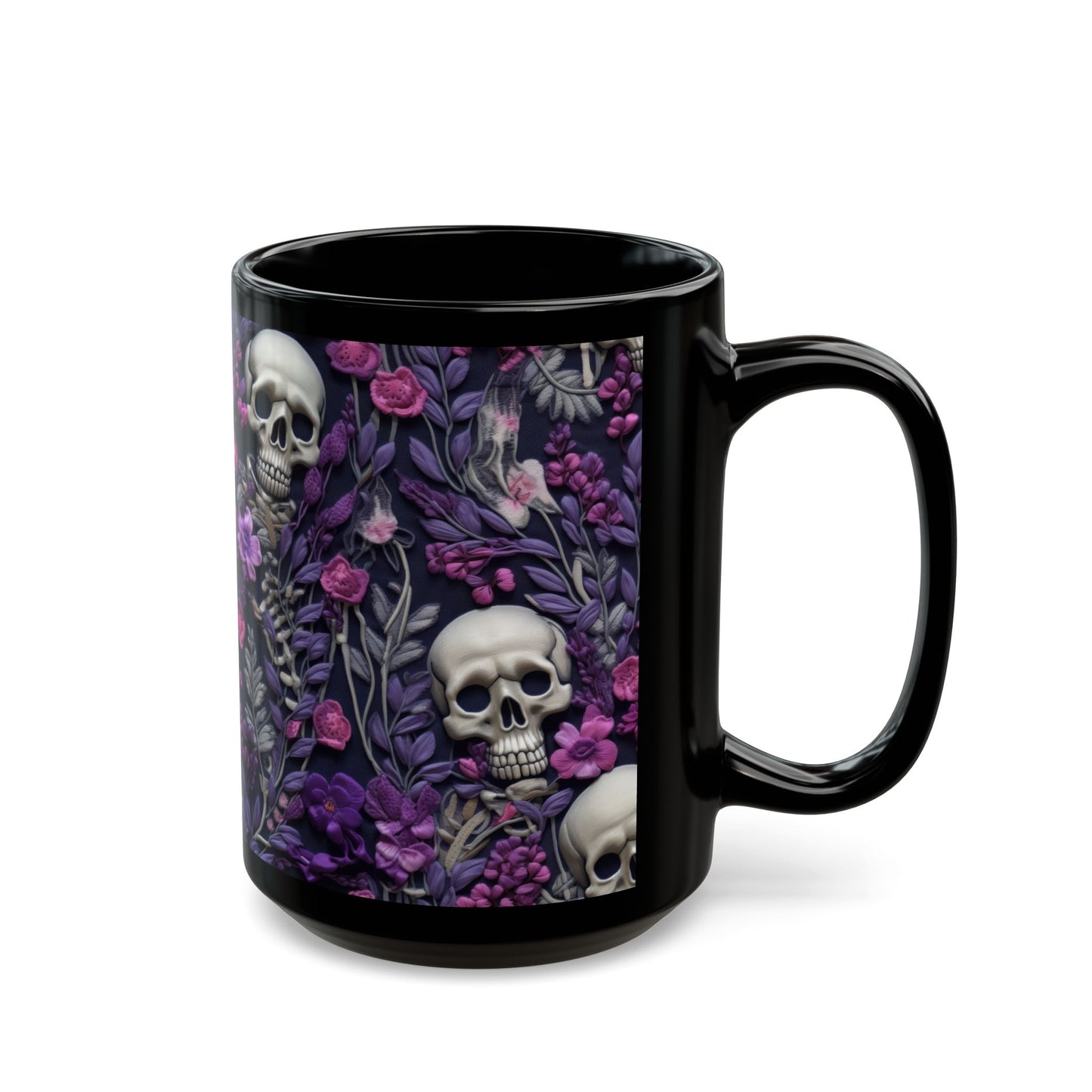 Skeletons w/ Purple Flowers Black Mug (15oz)