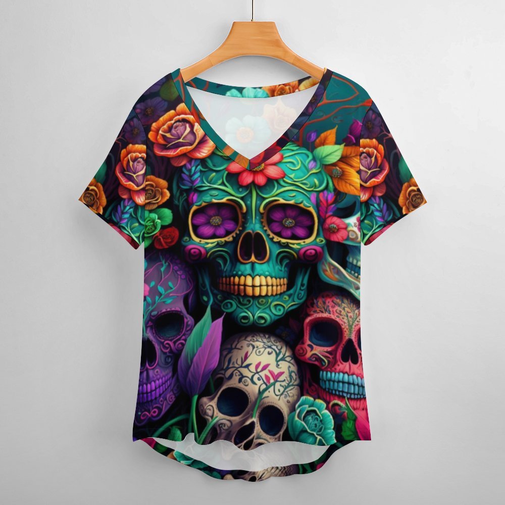 Colorful Skeleton Collage Short-Sleeve V-Neck T-Shirt