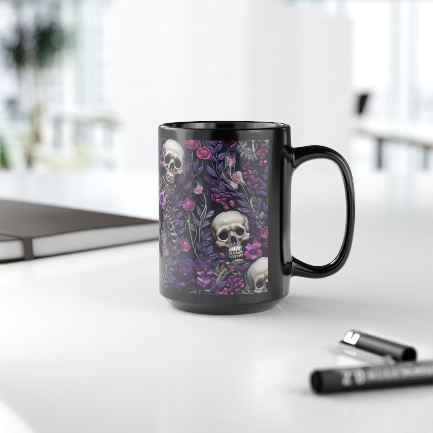 Skeletons w/ Purple Flowers Black Mug (15oz)