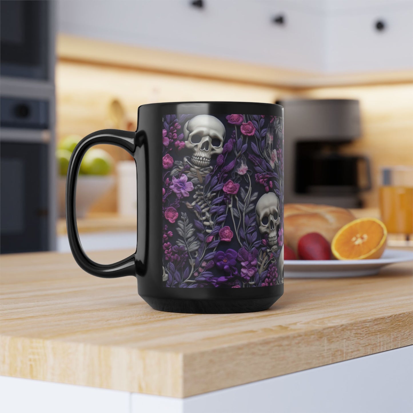 Skeletons w/ Purple Flowers Black Mug (15oz)