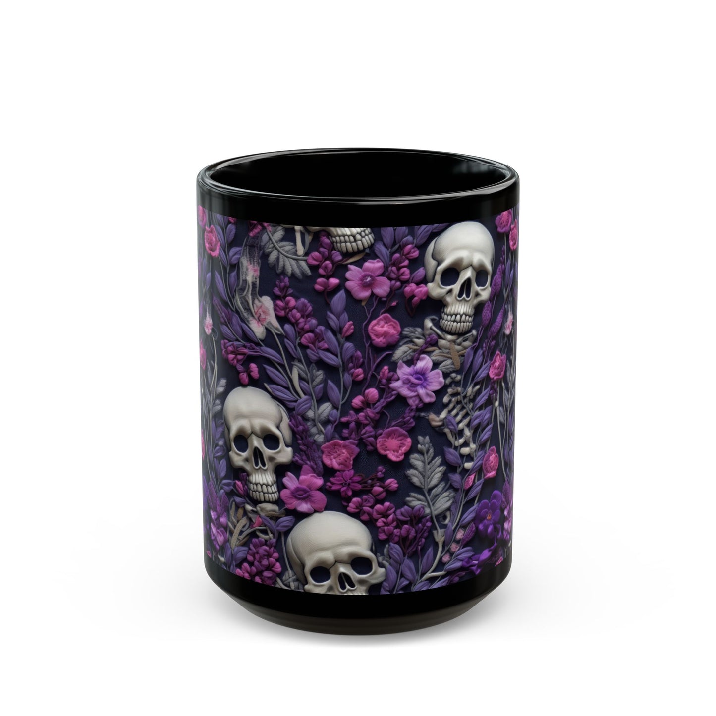 Skeletons w/ Purple Flowers Black Mug (15oz)