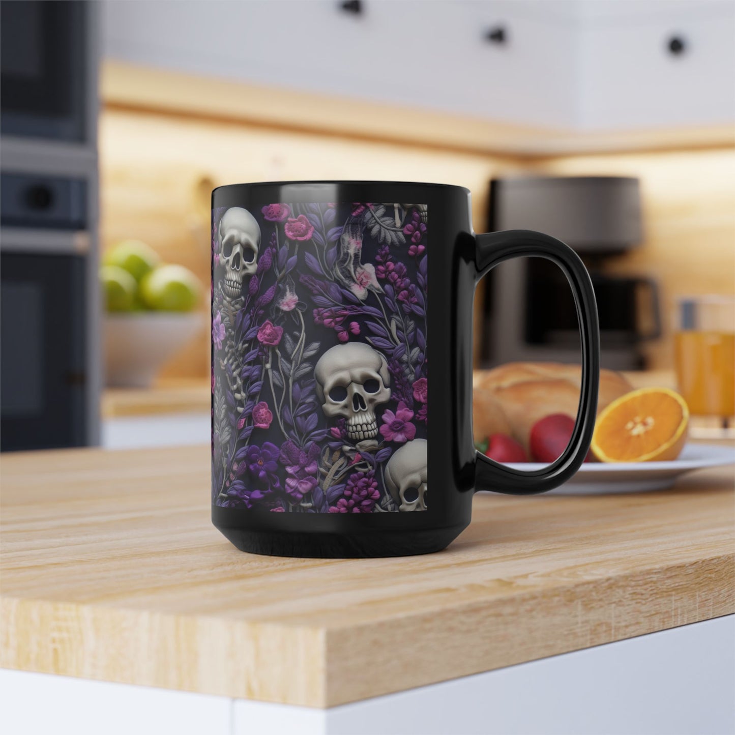 Skeletons w/ Purple Flowers Black Mug (15oz)