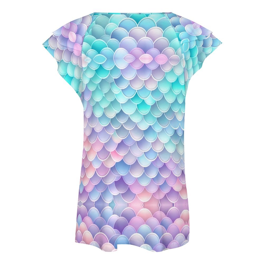 Pastel Mermaid Tail Ruffle Sleeve V-Neck T-Shirt