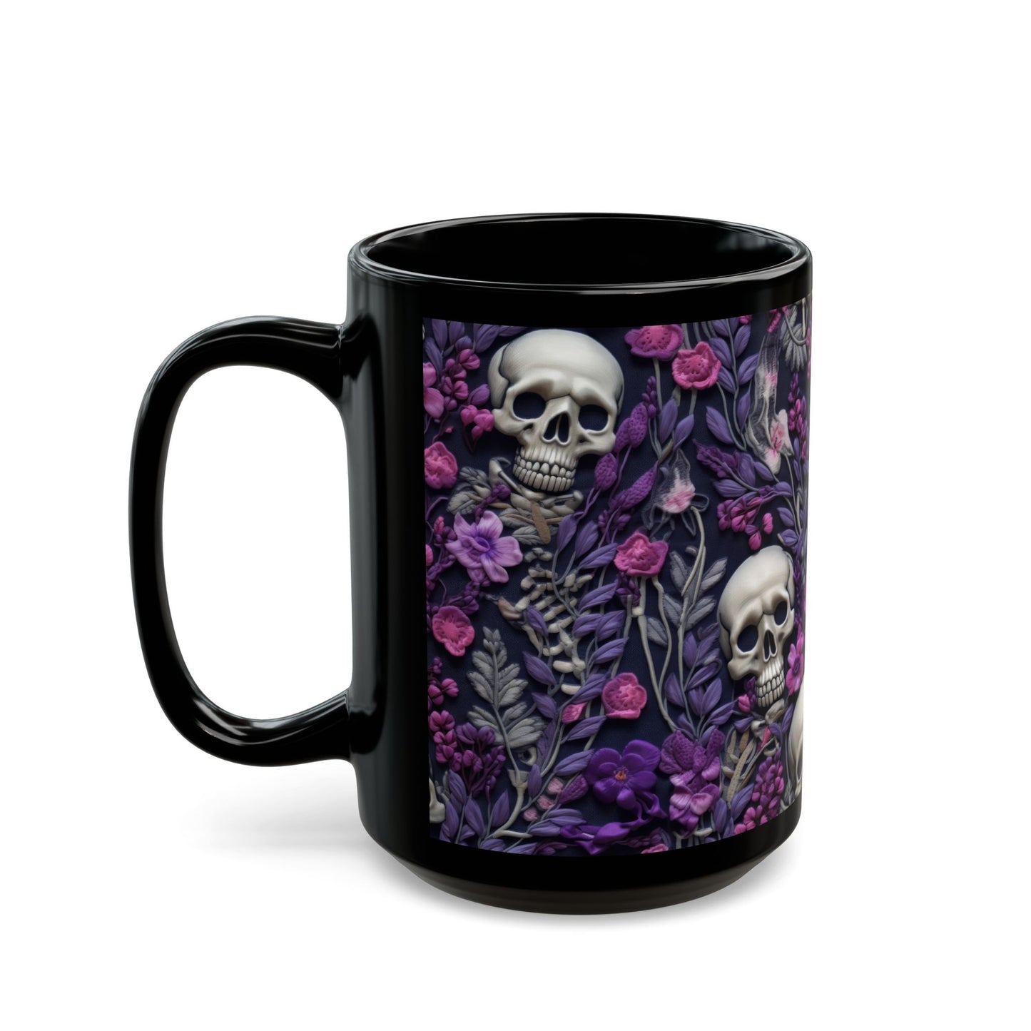 Skeletons w/ Purple Flowers Black Mug (15oz)