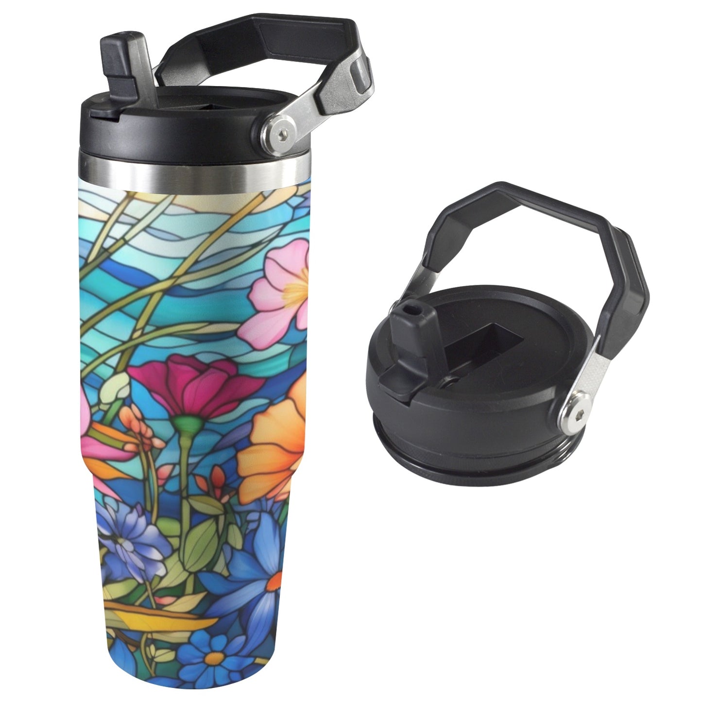 Stained Glass Flowers  30oz Tumbler with Top Handle