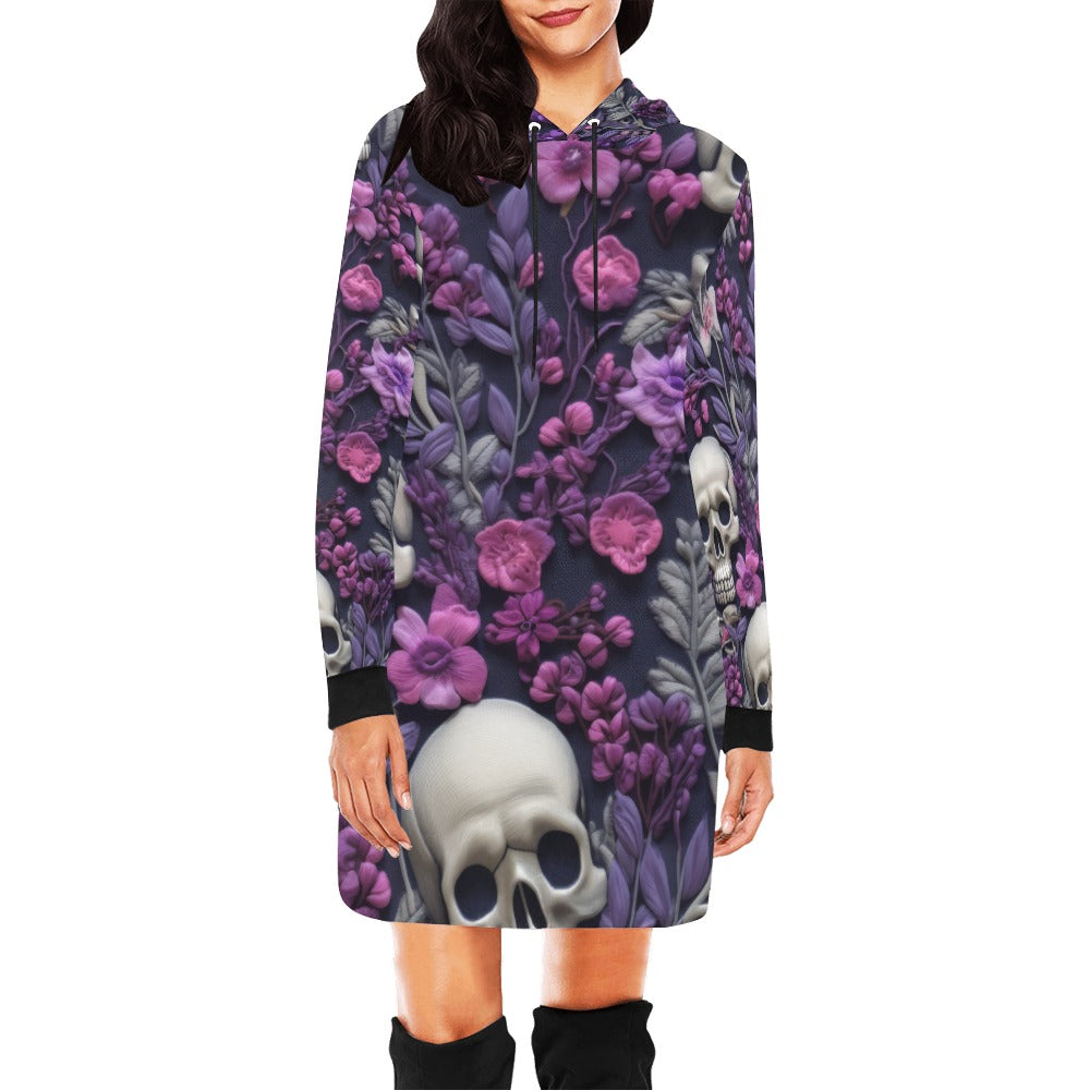 Skeletons w/ Purple Flowers Hoodie Mini Dress (Model H27)