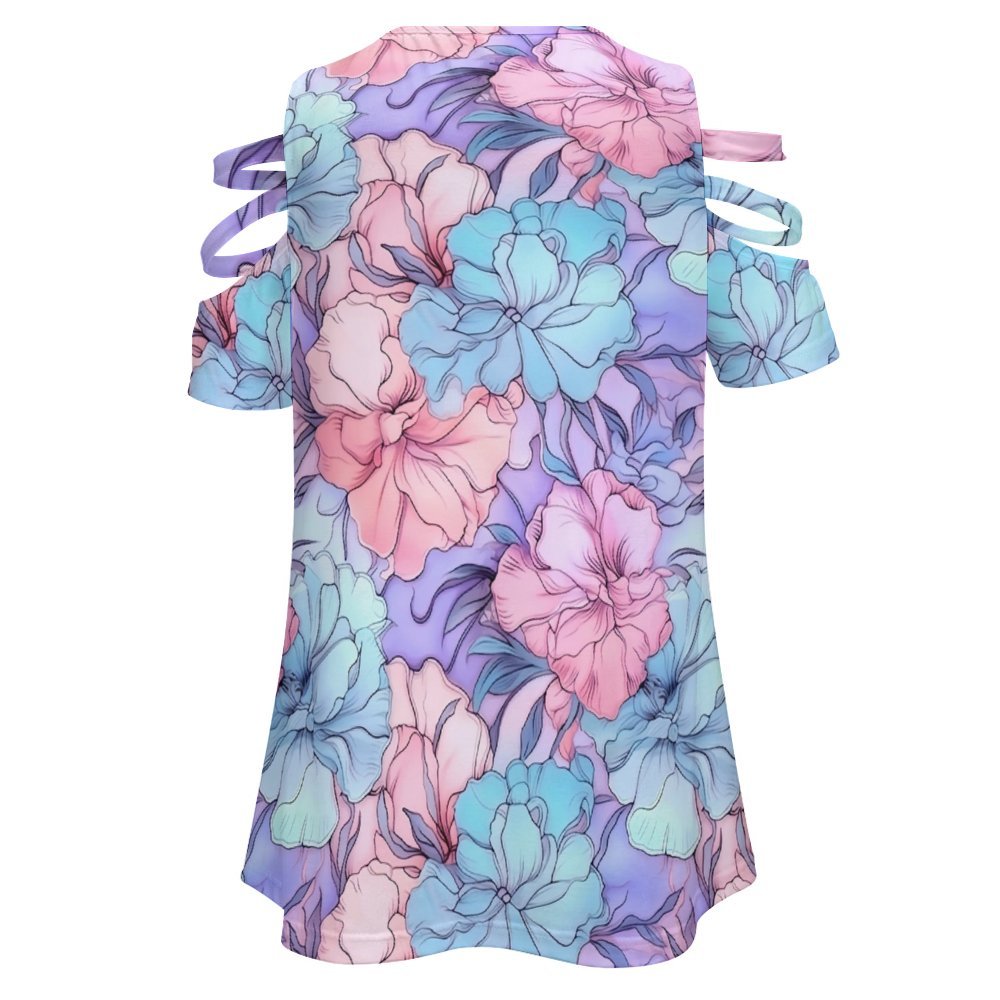 Pastel Flowers Off Shoulder Zip V-Neck Tunic