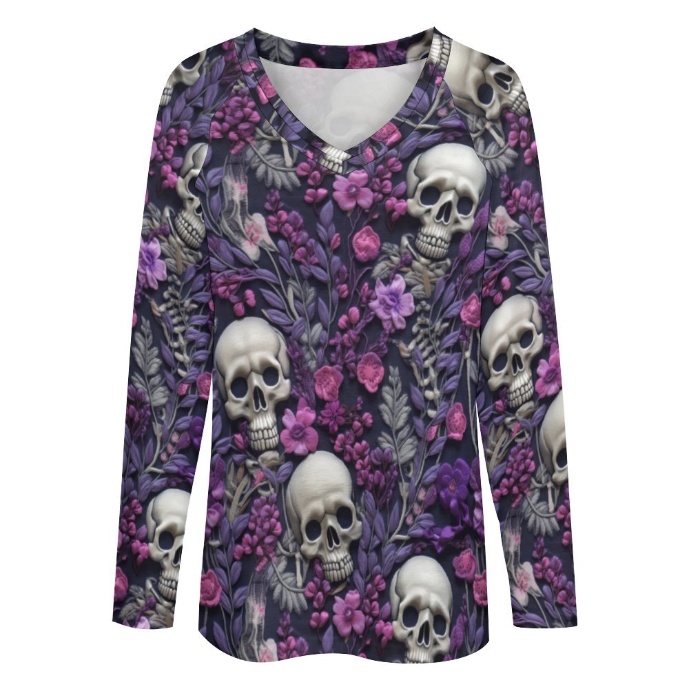 Skeletons w/ Purple Flowers Long Sleeve Loose Tee