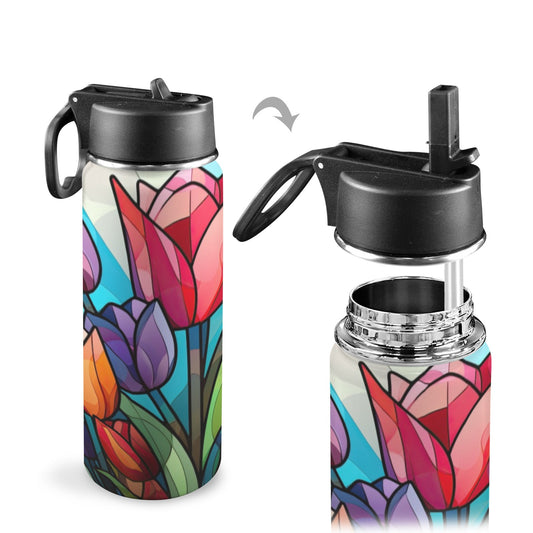 Stained Glass Flowers 4 Insulated Water Bottle with Straw Lid (18oz)