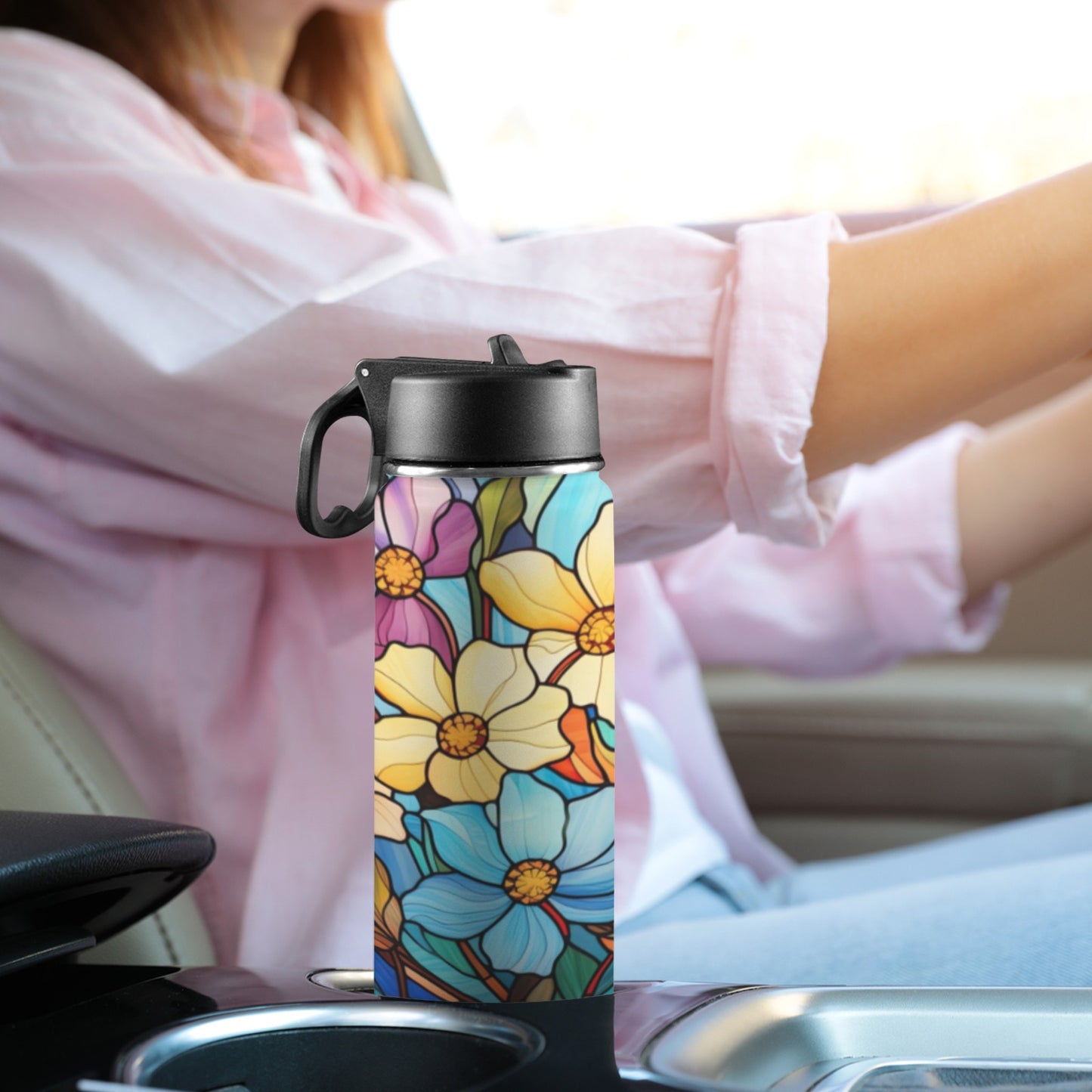 Stained Glass Flowers  03 Insulated Water Bottle with Straw Lid (18oz)