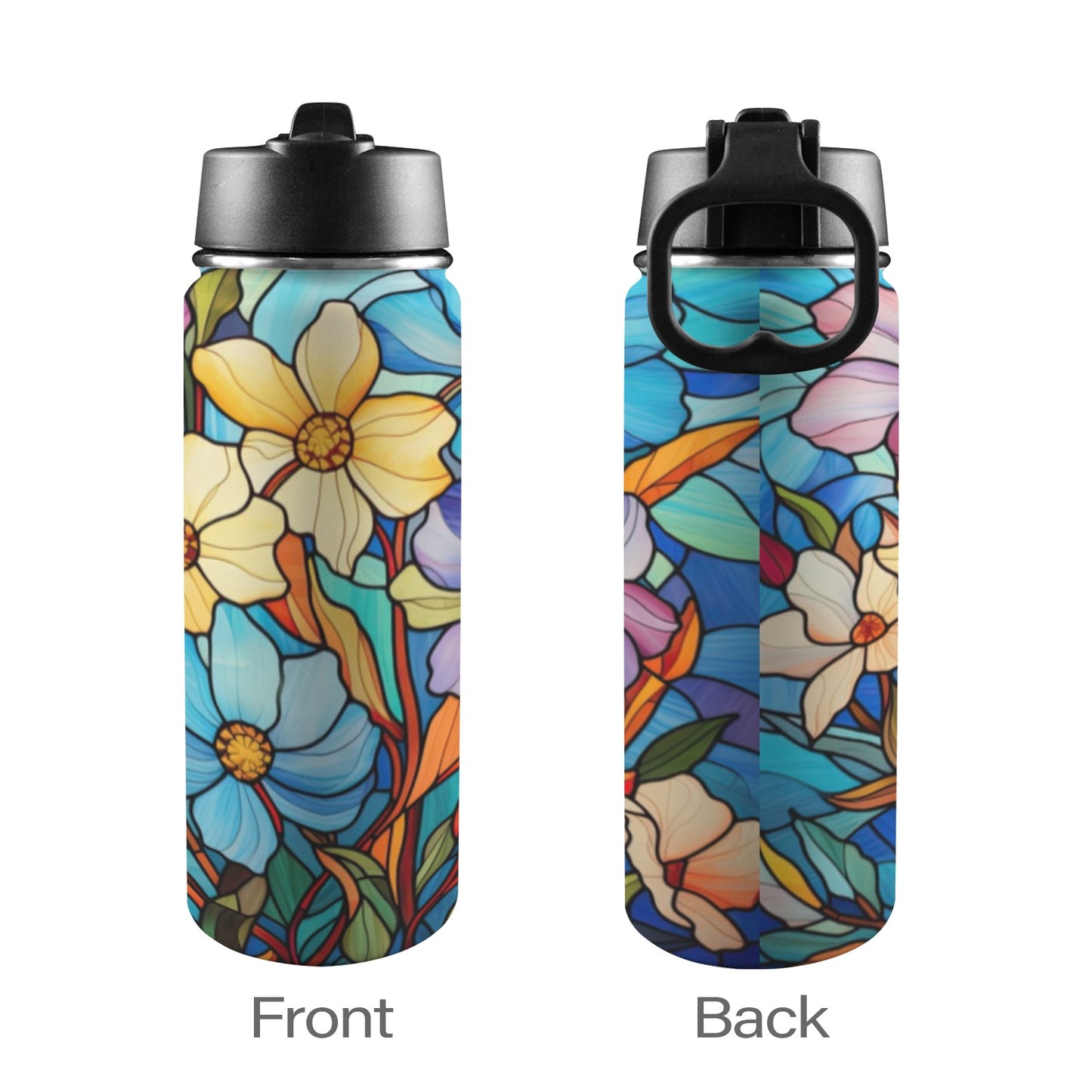 Stained Glass Flowers  03 Insulated Water Bottle with Straw Lid (18oz)