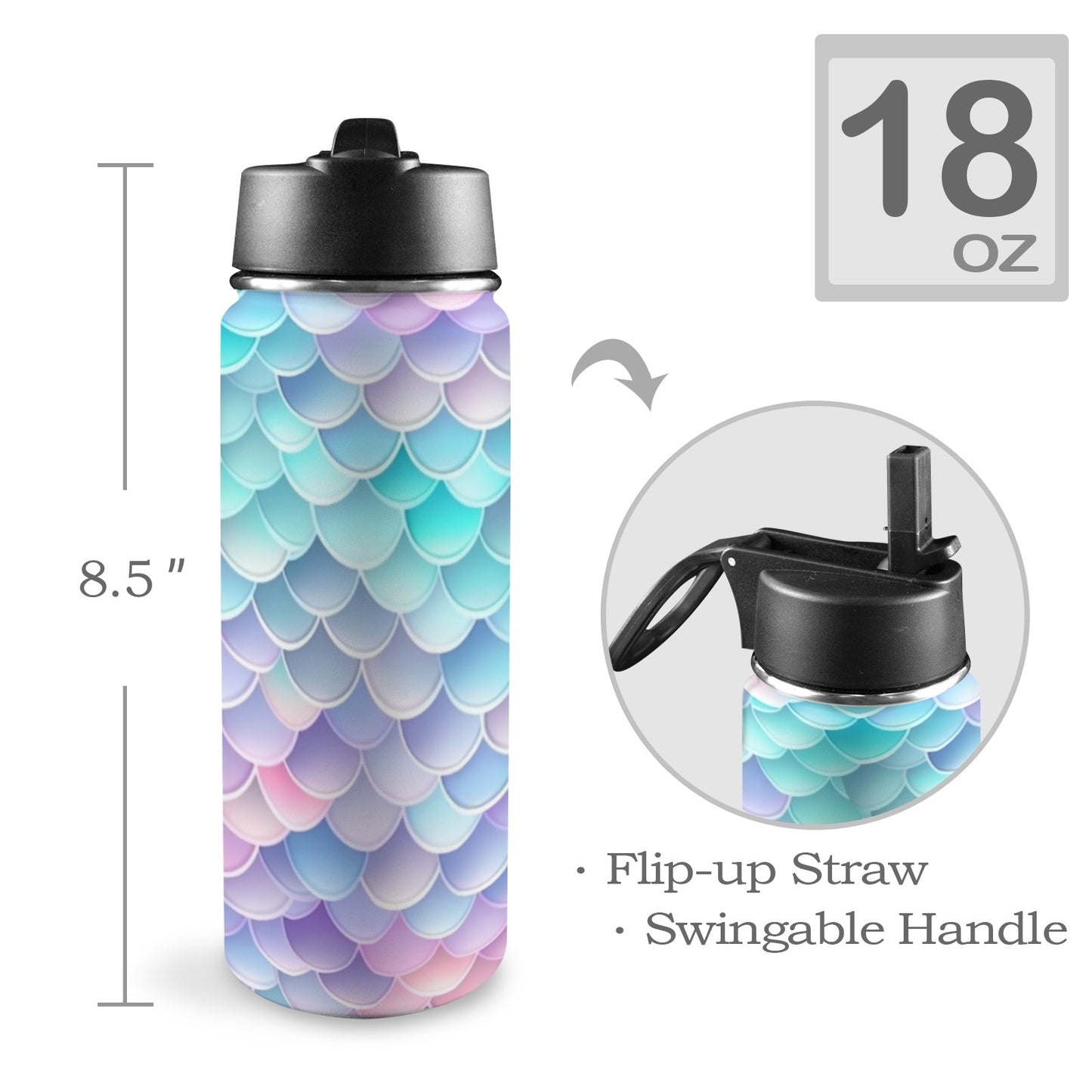 Pastel Mermaid Tail Insulated Water Bottle with Straw Lid (18oz)