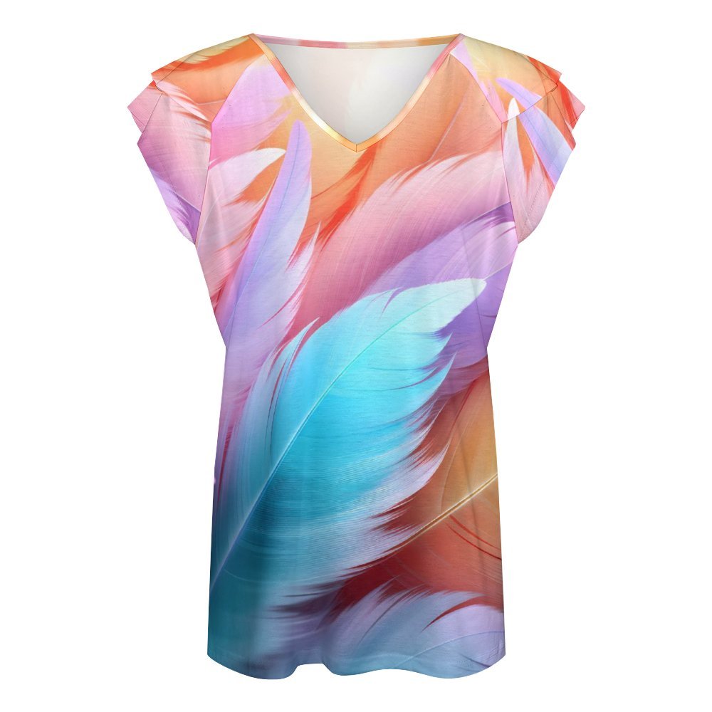 Feathered Touch Ruffle Sleeve V-Neck T-Shirt