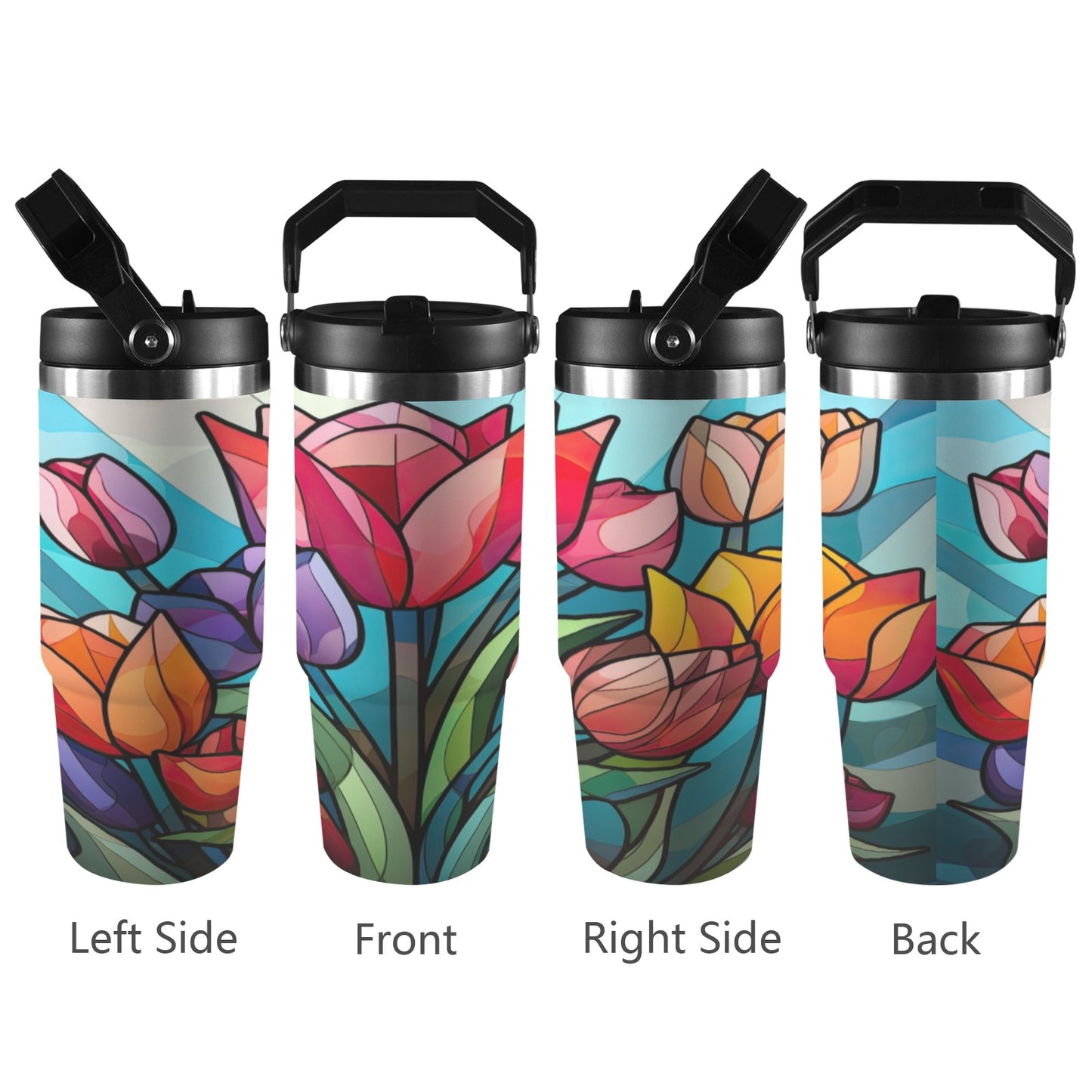 Stained Glass Flowers 4 30oz Tumbler with Top Handle