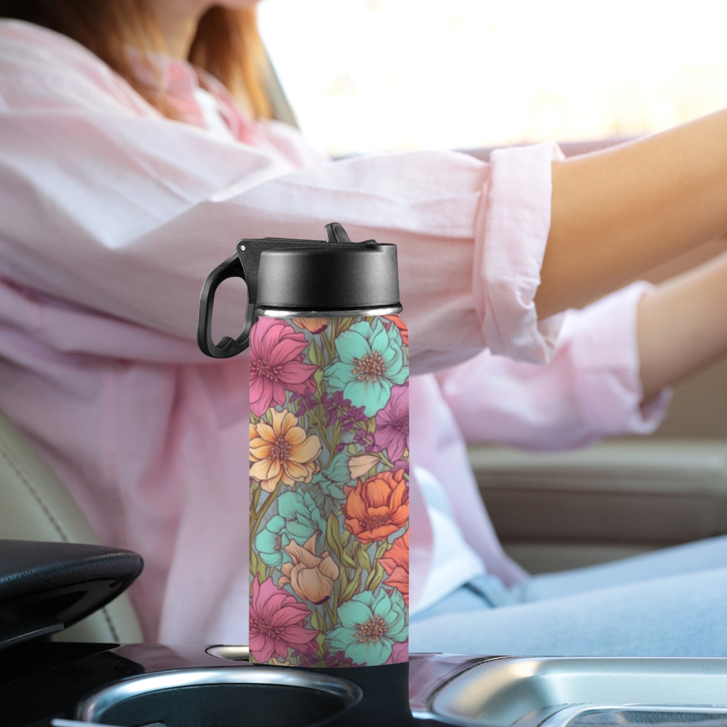 Flowerful Insulated Water Bottle with Straw Lid (18oz)