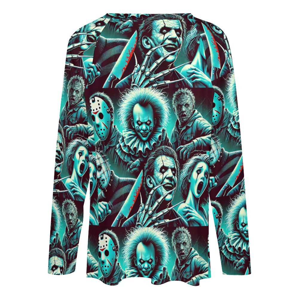 Spooky Chic: Women’s Long Sleeve Loose Tee with Halloween Horror