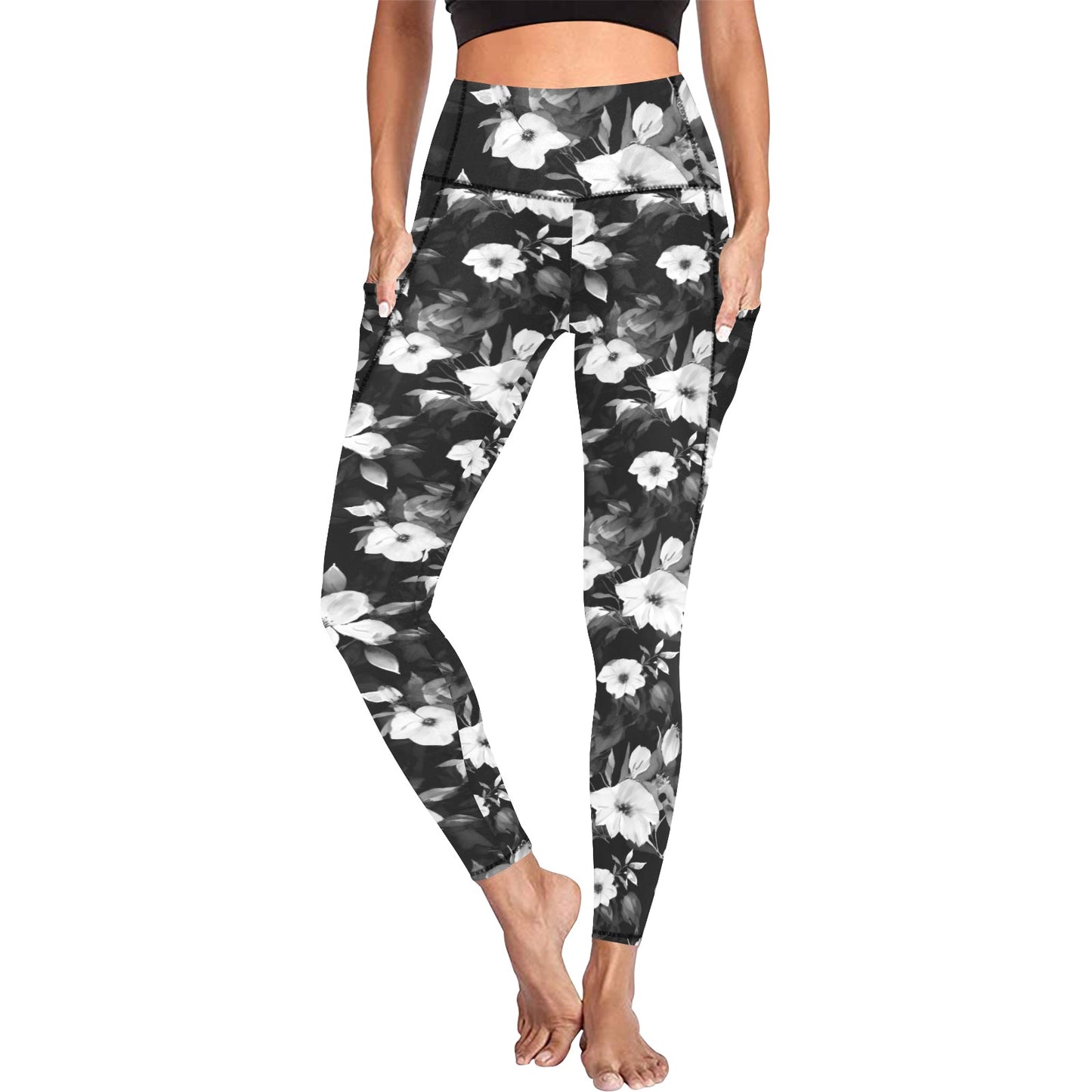 Black and White Flowers Women's All Over Print Leggings with Pockets