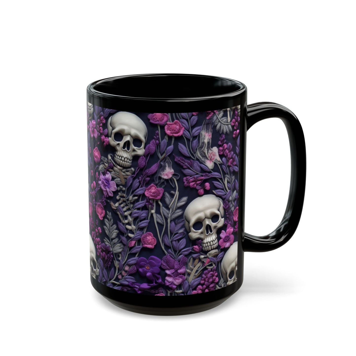 Skeletons w/ Purple Flowers Black Mug (15oz)