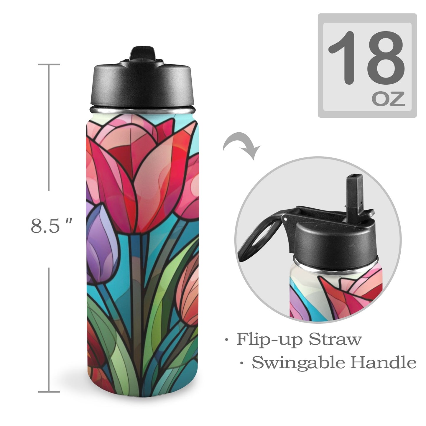 Stained Glass Flowers 4 Insulated Water Bottle with Straw Lid (18oz)