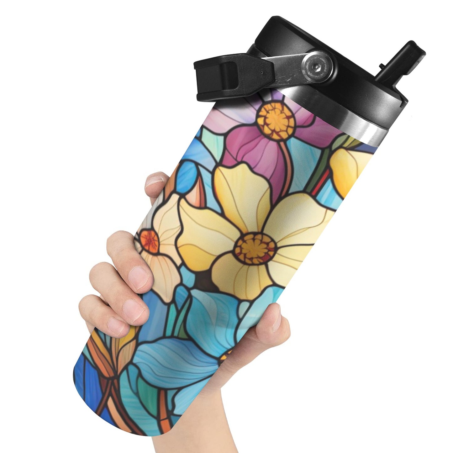 Stained Glass Flowers 3 30oz Tumbler with Top Handle