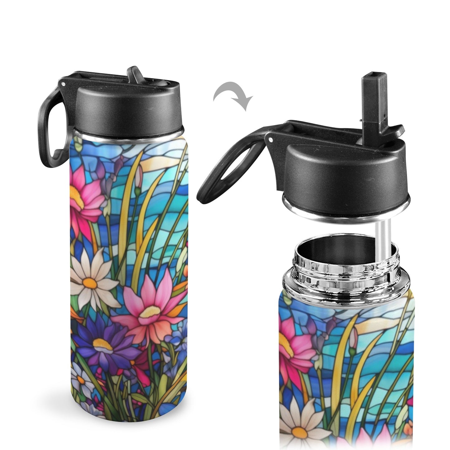 Stained Glass Flowers  Insulated Water Bottle with Straw Lid (18oz)