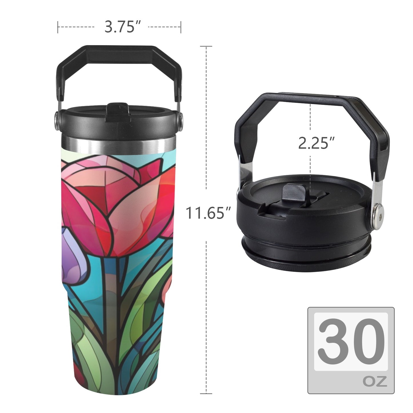 Stained Glass Flowers 4 30oz Tumbler with Top Handle