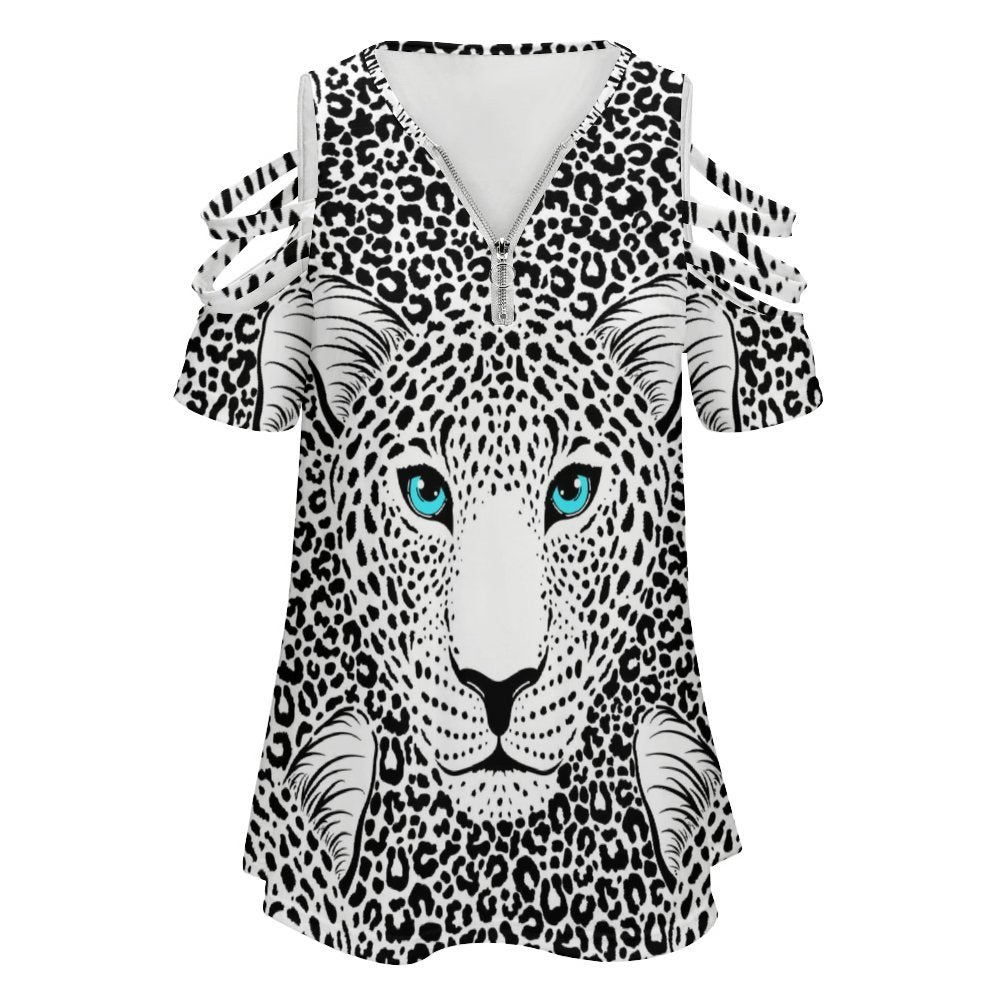 Snow Leopard Off Shoulder Zip V-Neck Tunic