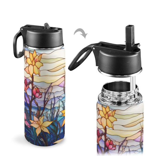 Stained Glass Flowers Background 02 Insulated Water Bottle with Straw Lid (18oz)