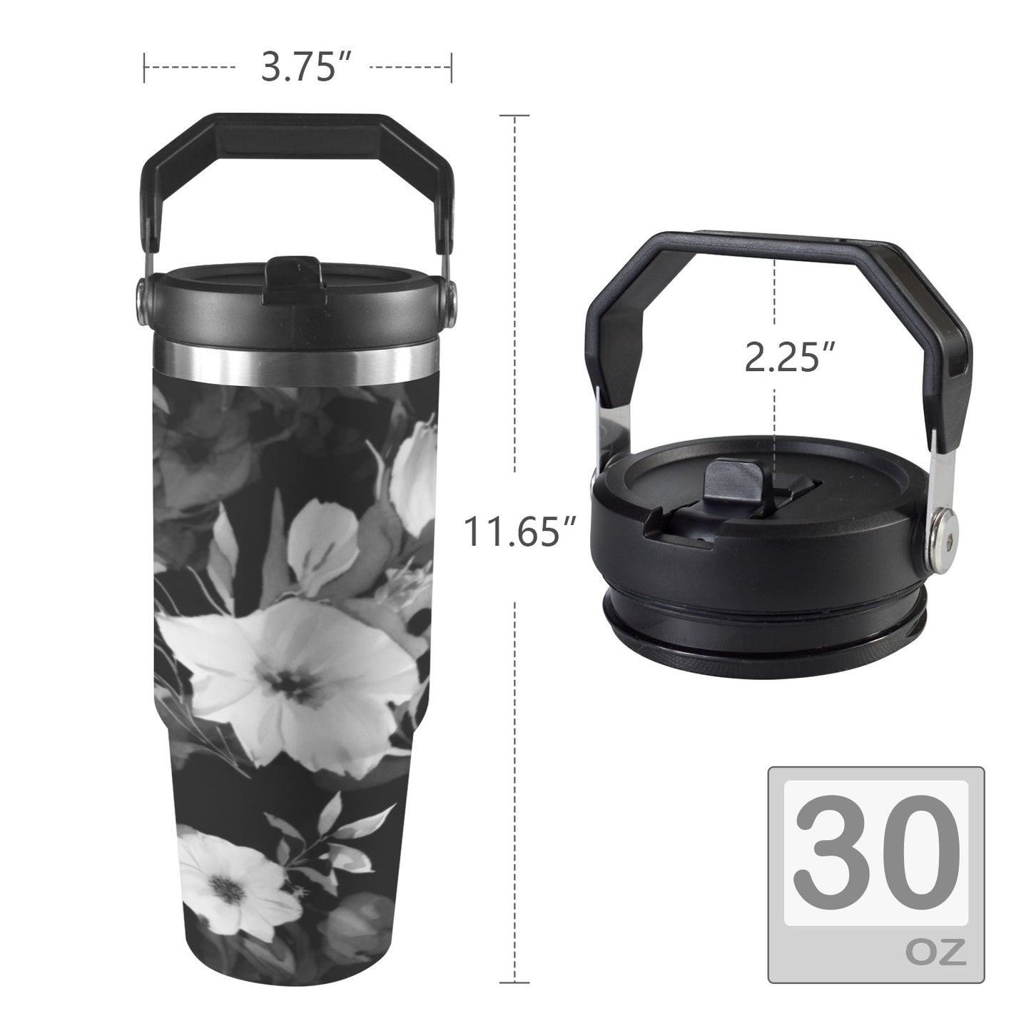 Black and White Flowers 30oz Tumbler with Top Handle