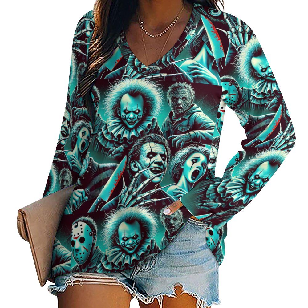 Spooky Chic: Women’s Long Sleeve Loose Tee with Halloween Horror