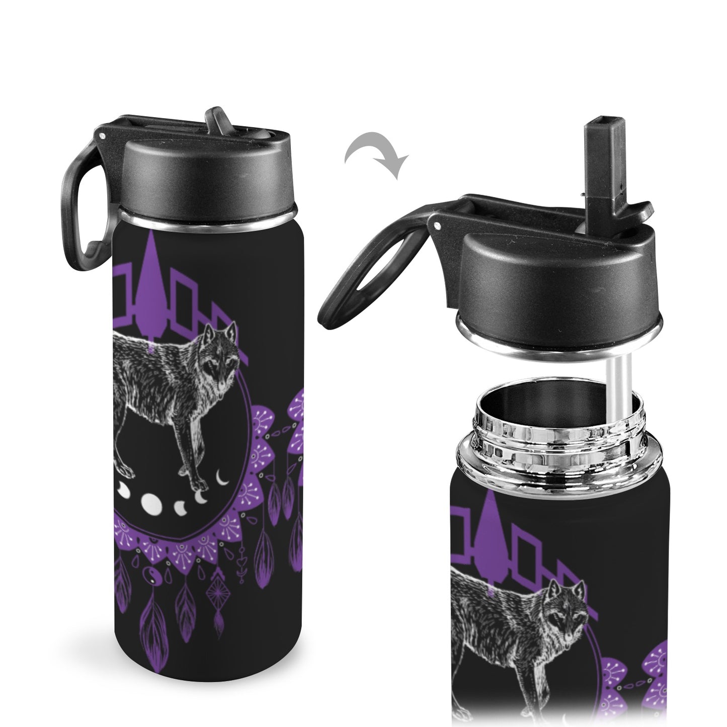 Wolf Dreamcatcher Insulated Water Bottle with Straw Lid (18oz)