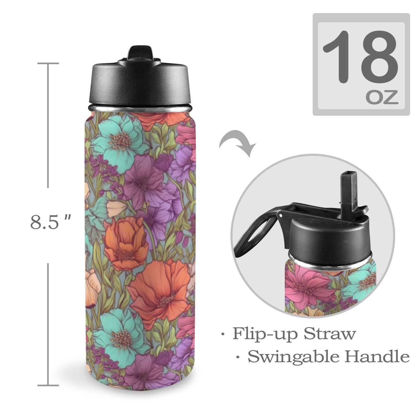 Flowerful Insulated Water Bottle with Straw Lid (18oz)