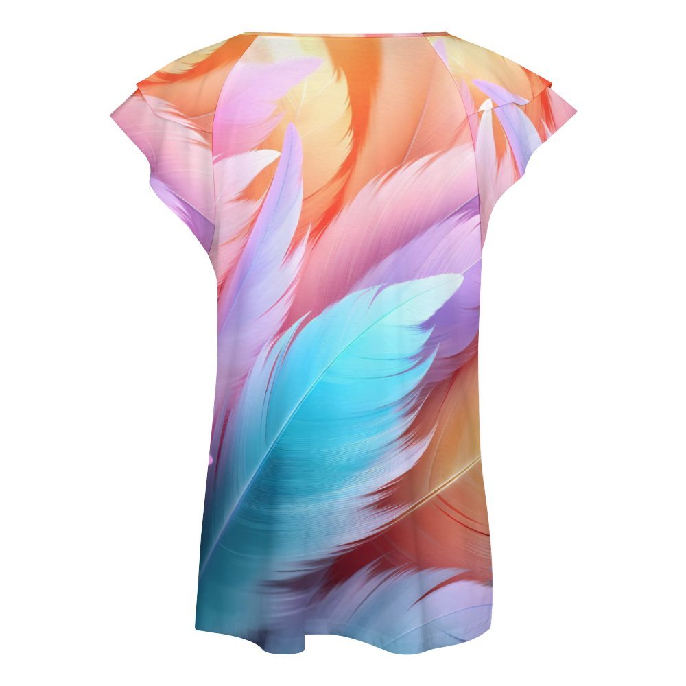 Feathered Touch Ruffle Sleeve V-Neck T-Shirt