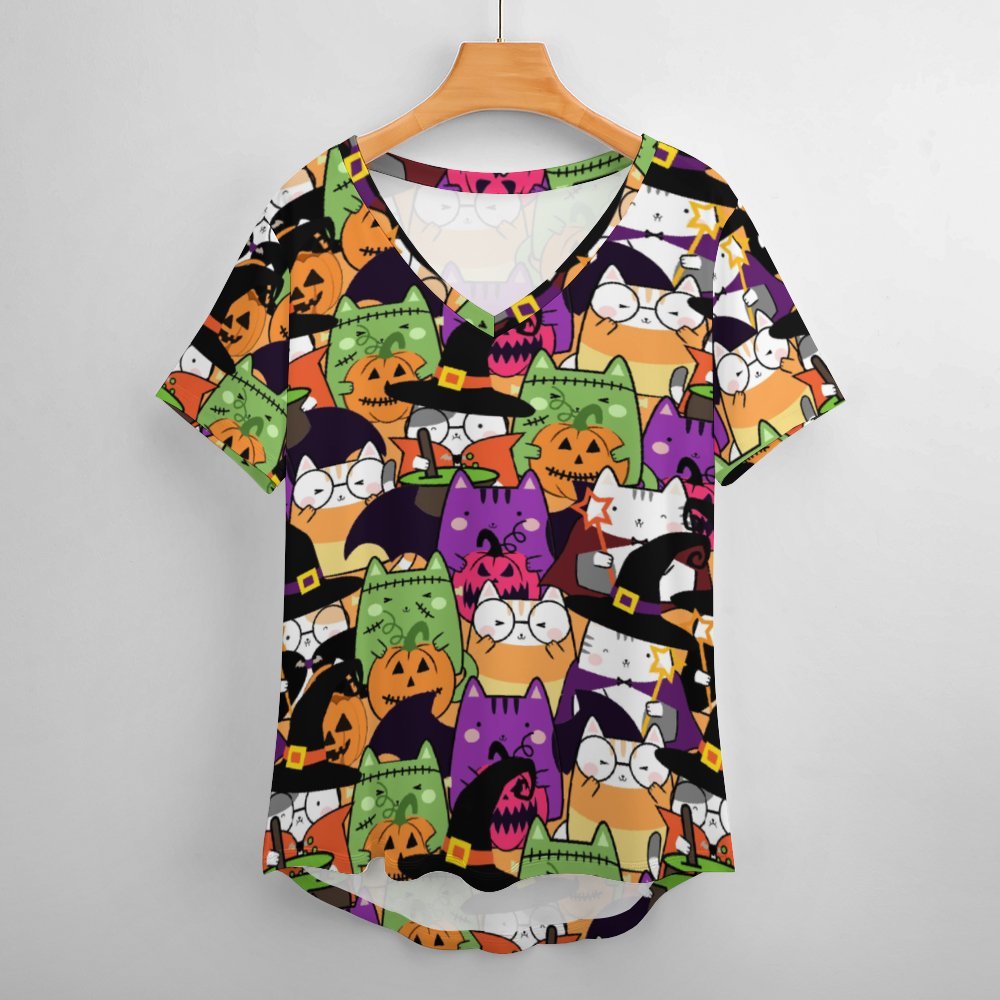 Halloween Cats Short-Sleeve V-Neck T-Shirt