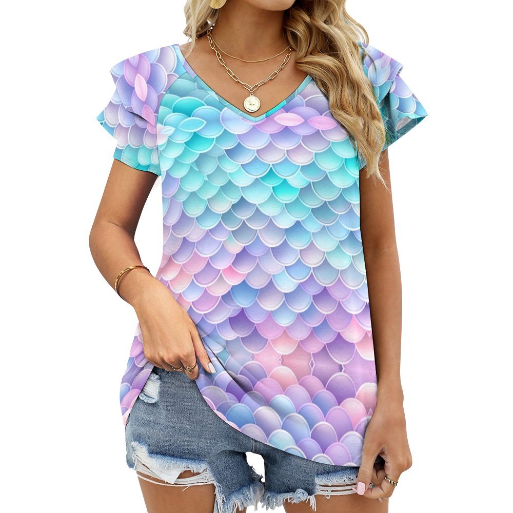 Pastel Mermaid Tail Ruffle Sleeve V-Neck T-Shirt