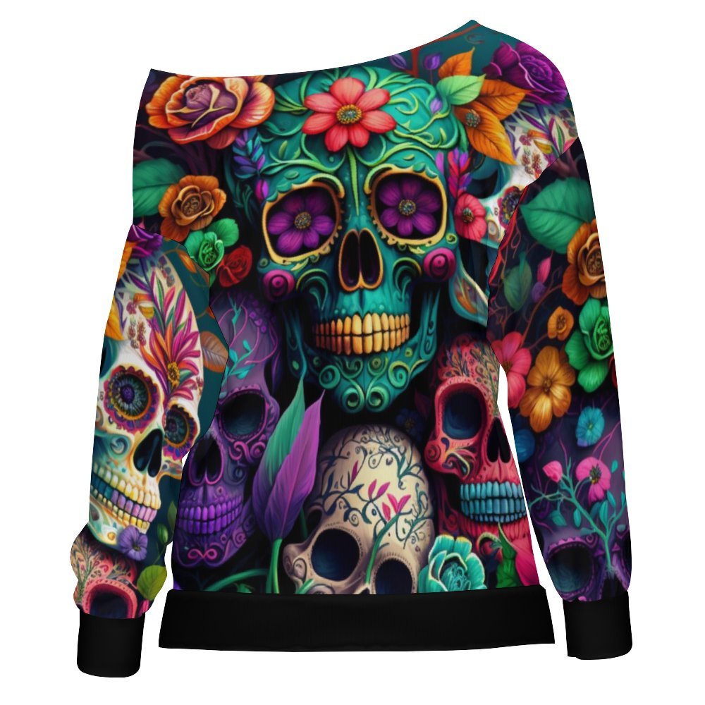 Colorful Skelton Collage Off Shoulder Sweatshirt Hatless hoodie