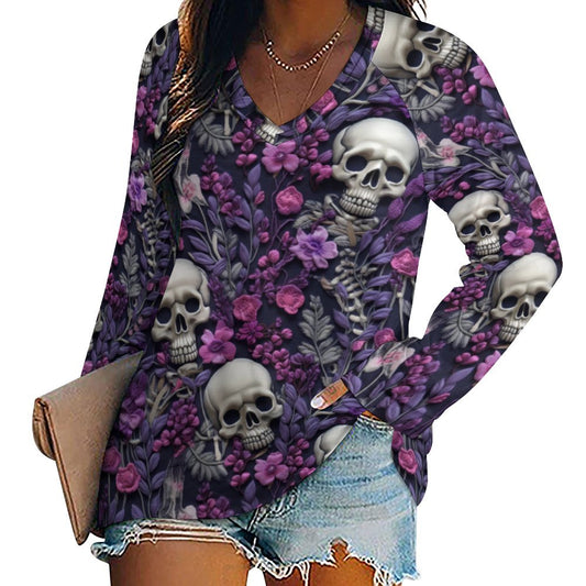 Skeletons w/ Purple Flowers Long Sleeve Loose Tee