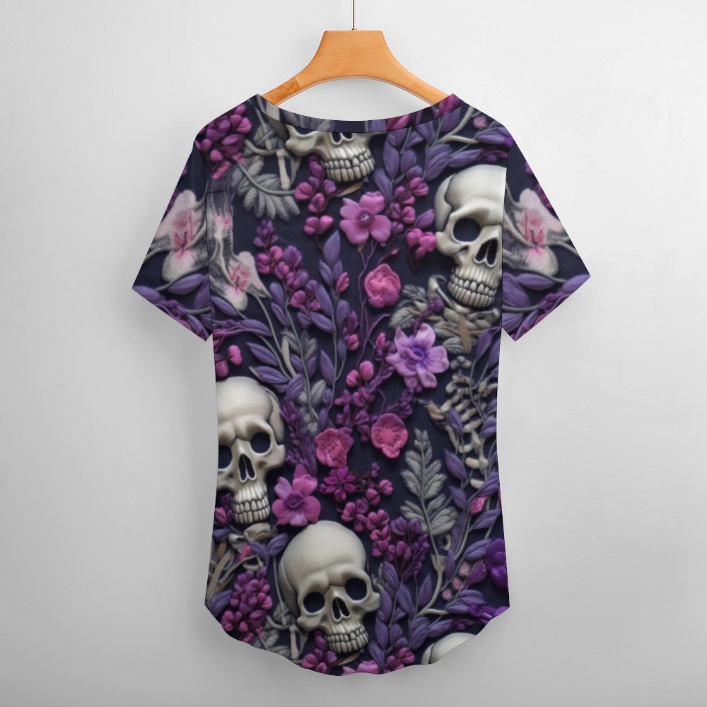 Skeletons w/ Purple Flowers Short-Sleeve V-Neck T-Shirt