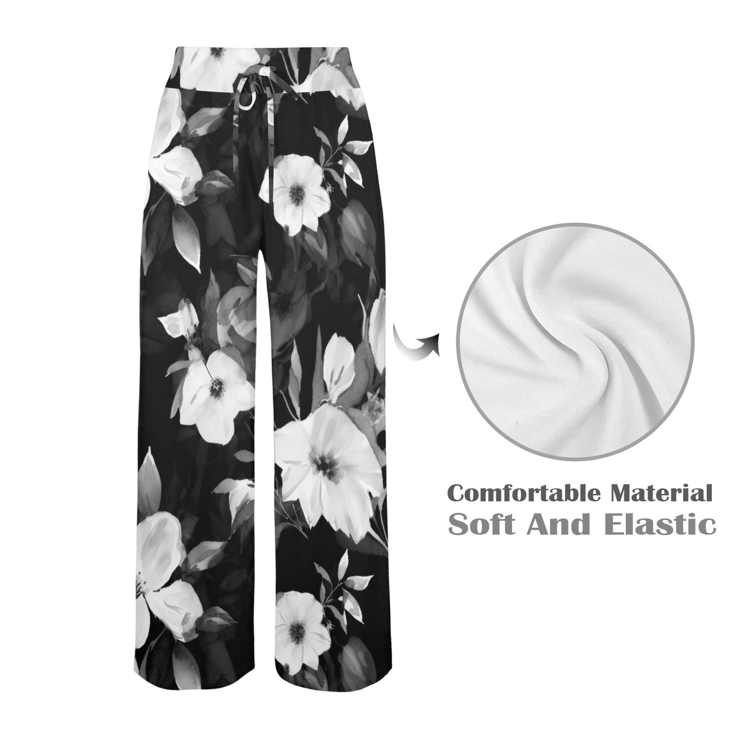 Black and White Flowers Women's Wide Leg Lounge Pants