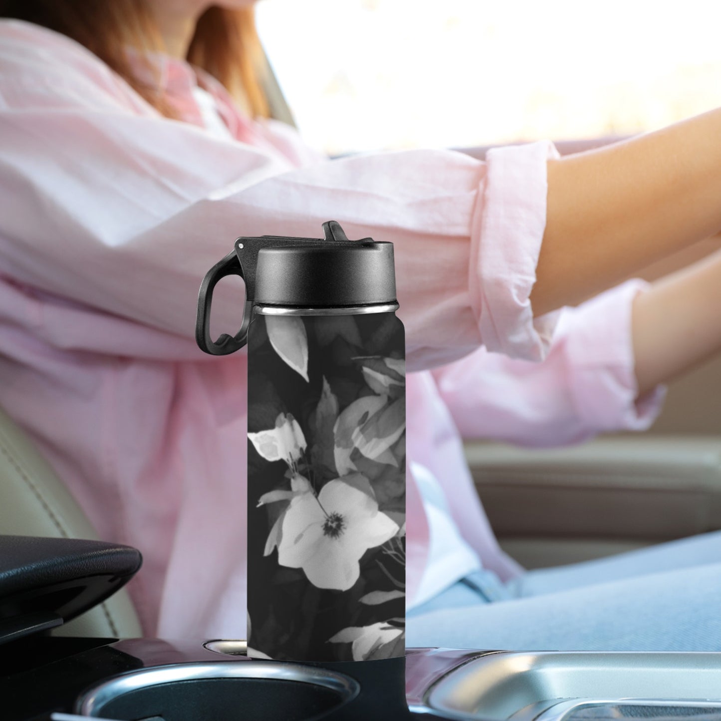 Black and White Flowers Insulated Water Bottle with Straw Lid (18oz)